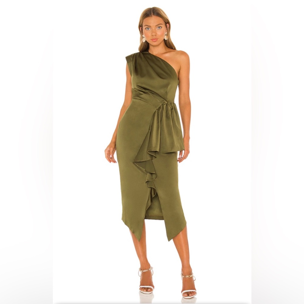 Elliatt Olive One-Shoulder Ruffle Midi Dress